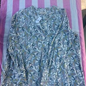 LOFT Blue and Yellow Graphic Button Down Blouse